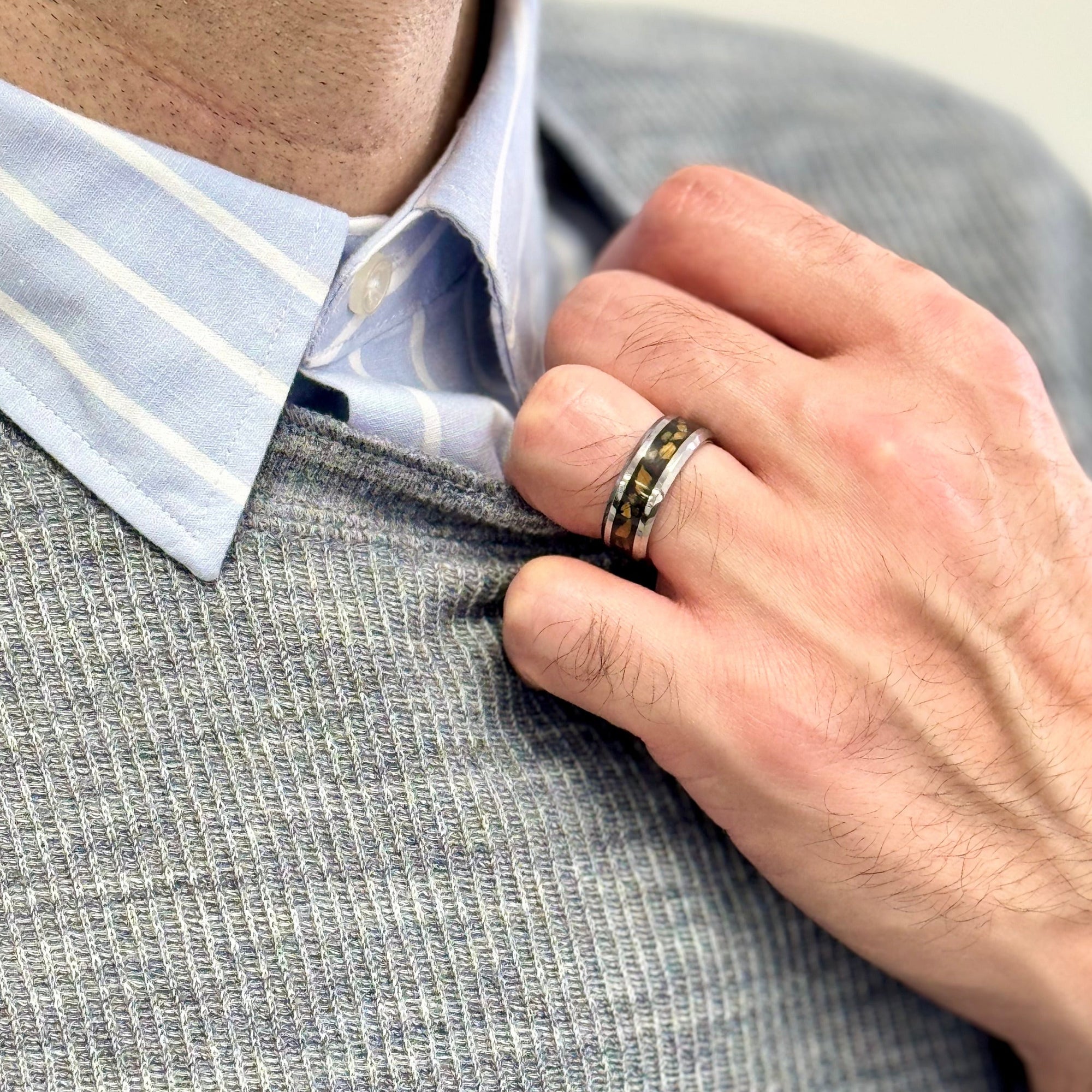 "AURORA" Tungsten Carbide Silver Ring 8mm w/ Tiger's Eye - Pristine Pieces By Amy