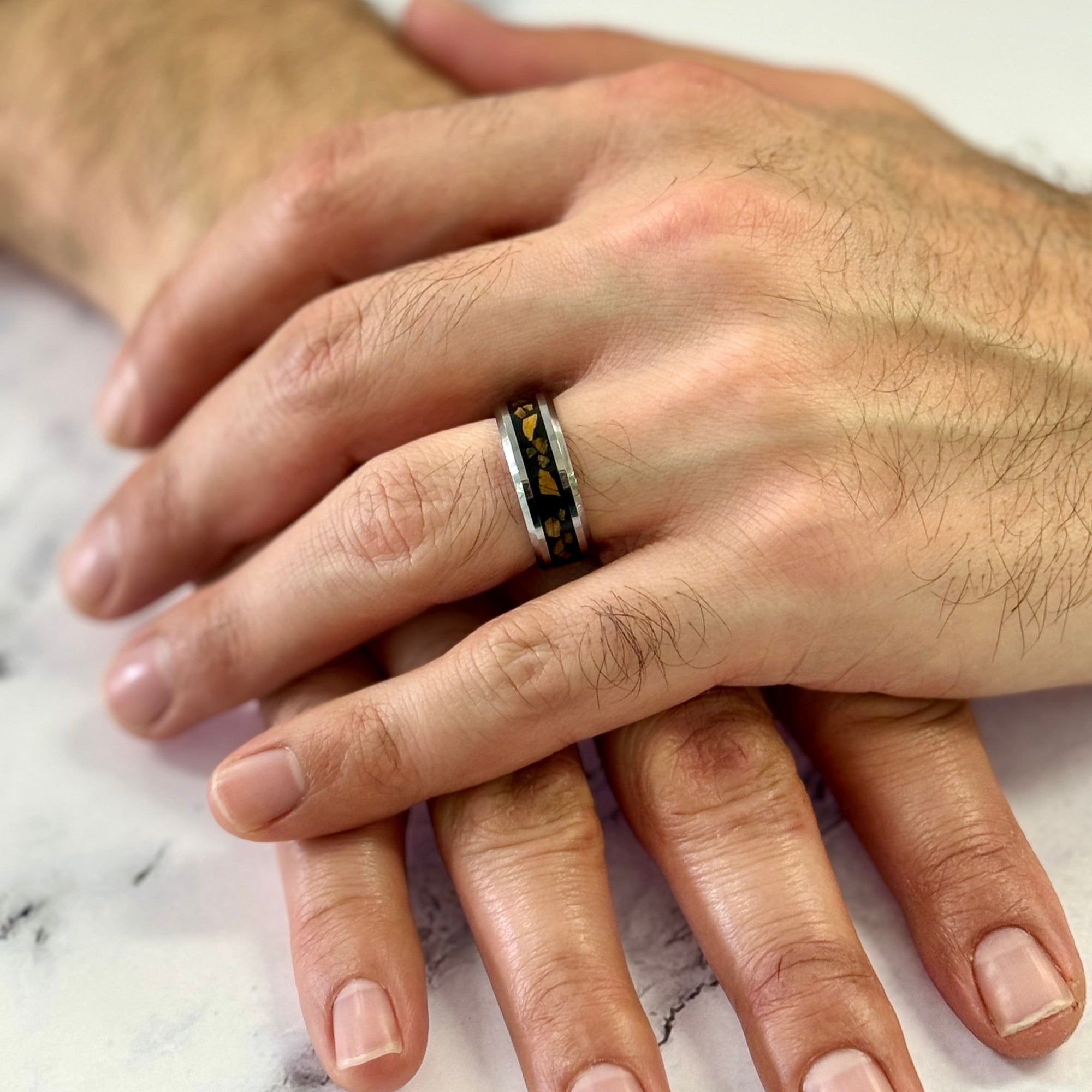 "AURORA" Tungsten Carbide Silver Ring 8mm w/ Tiger's Eye - Pristine Pieces By Amy