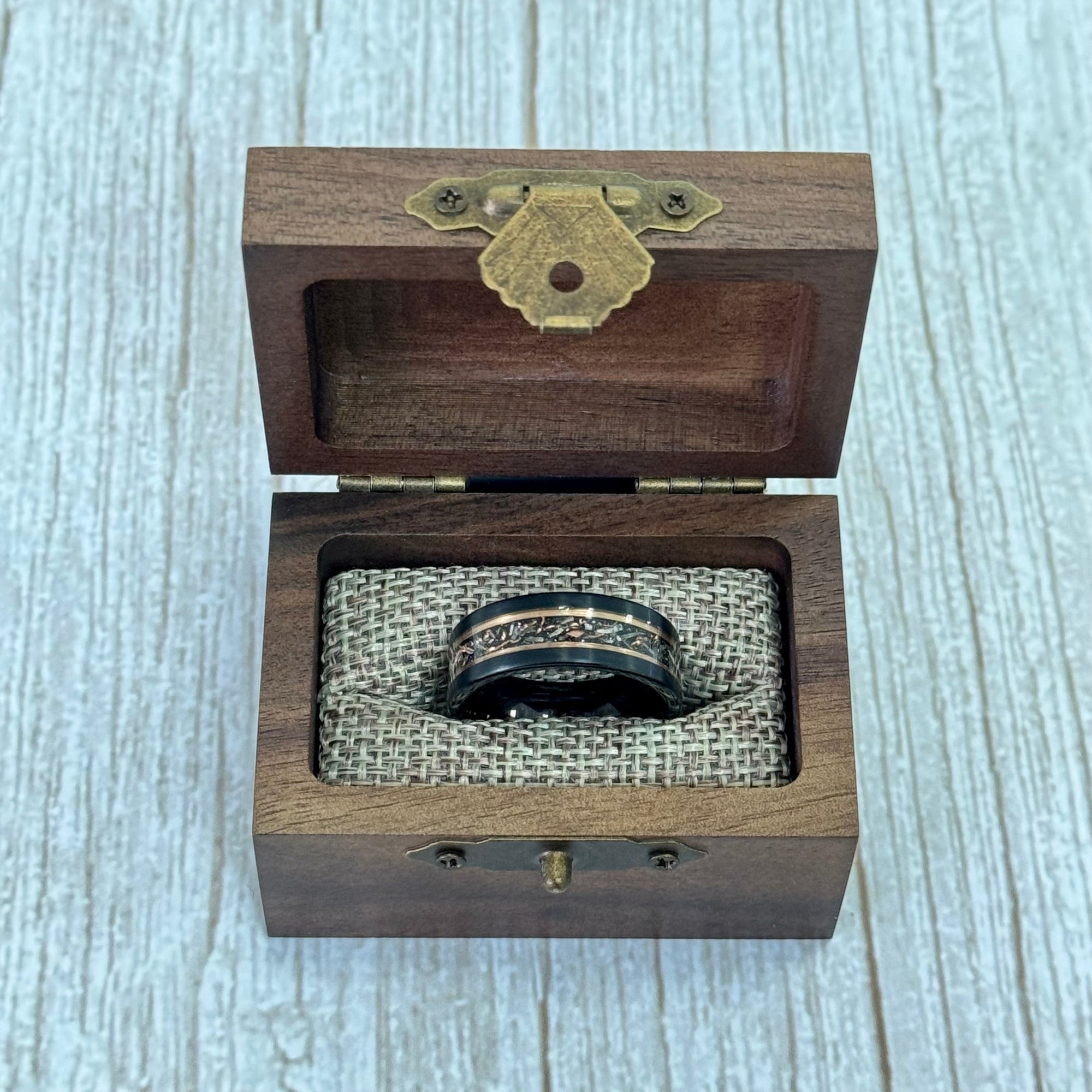 "BINARY" Tungsten Carbide Black Ring 8mm w/ Meteorite, Rose Gold Accents and Copper Leaf - Pristine Pieces By Amy