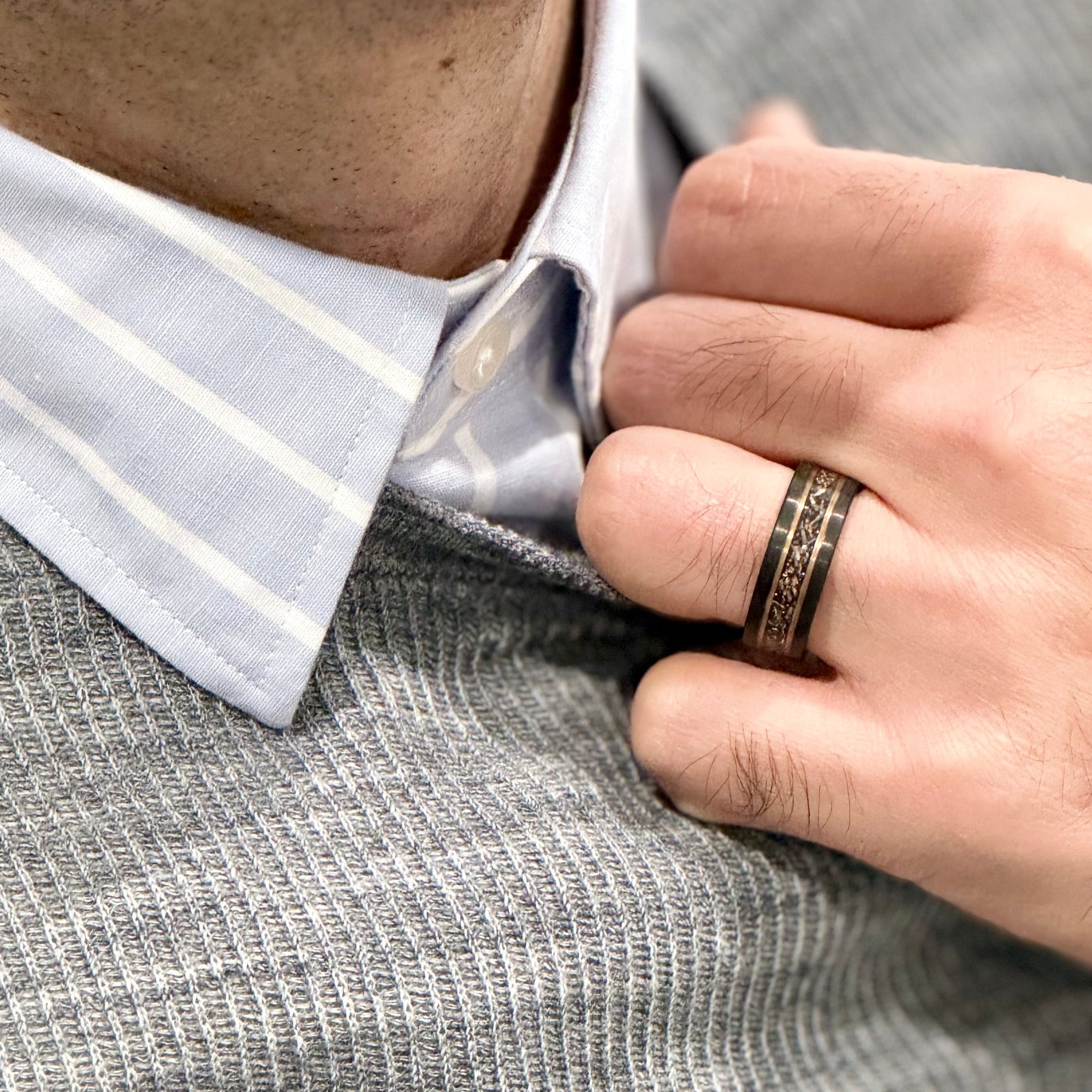 "BINARY" Tungsten Carbide Black Ring 8mm w/ Meteorite, Rose Gold Accents and Copper Leaf - Pristine Pieces By Amy