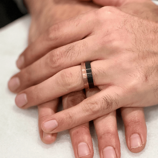 "DIVERGENT" Tungsten Carbide Black Ring 6mm w/ Asymmetrical Rose Gold Line - Pristine Pieces By Amy