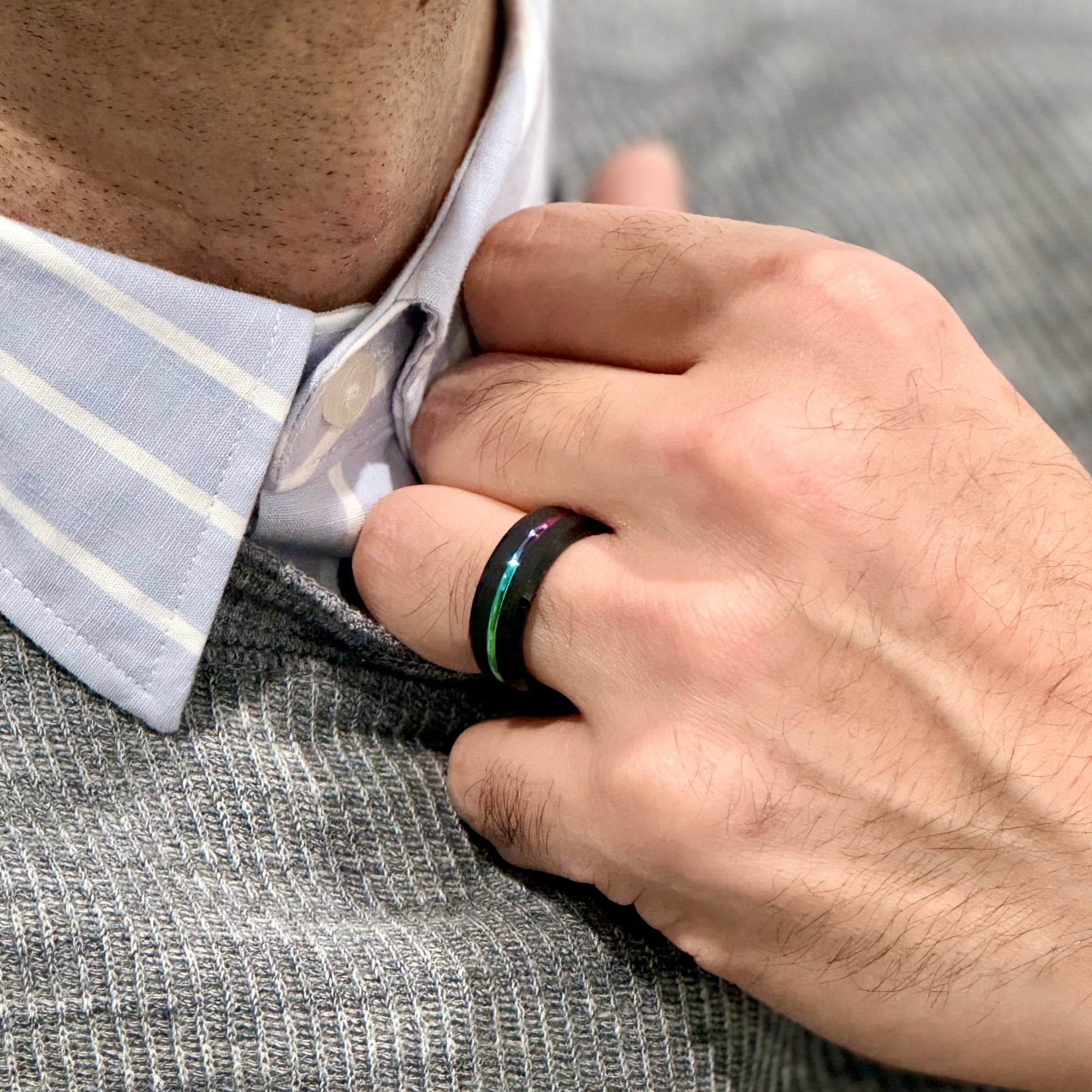 "EQUINOX" Tungsten Carbide Black Ring 8mm w/ Rainbow Middle Line - Pristine Pieces By Amy