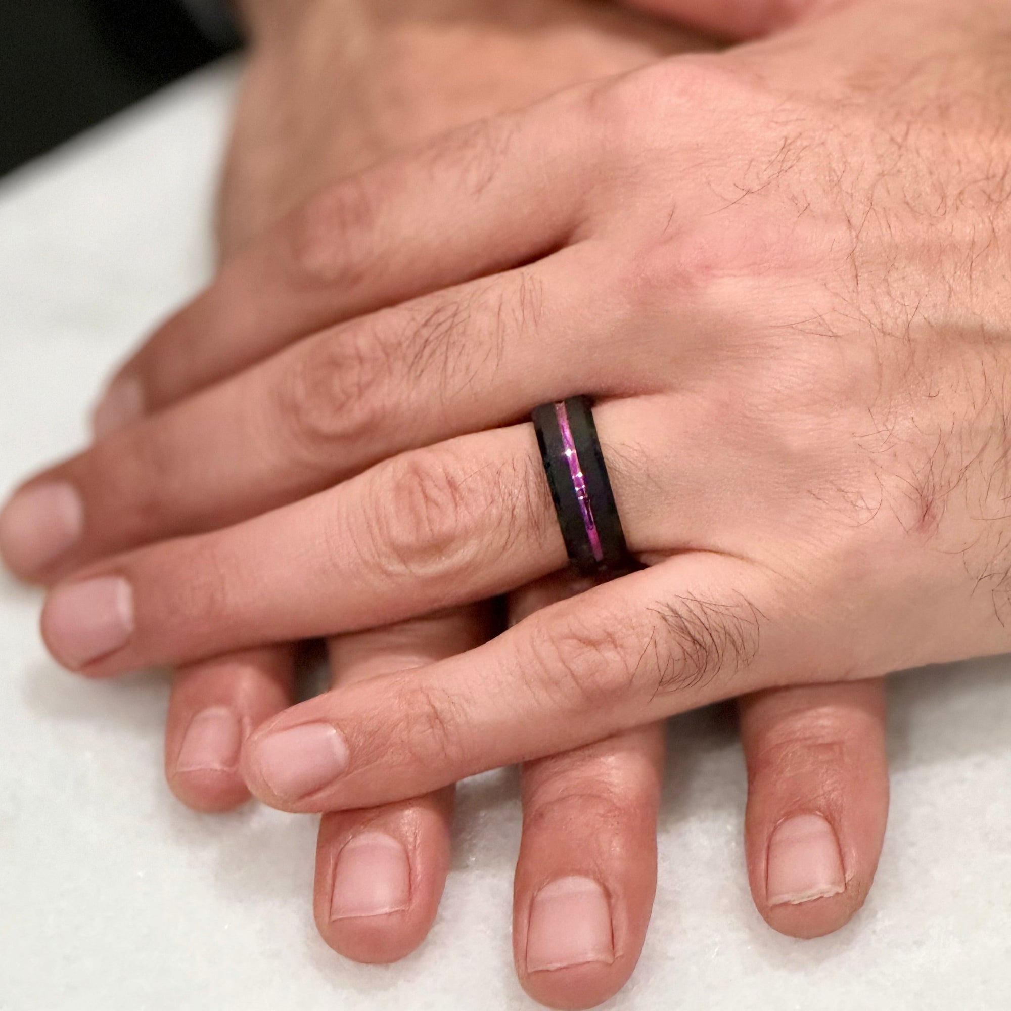 "EQUINOX" Tungsten Carbide Black Ring 8mm w/ Rainbow Middle Line - Pristine Pieces By Amy
