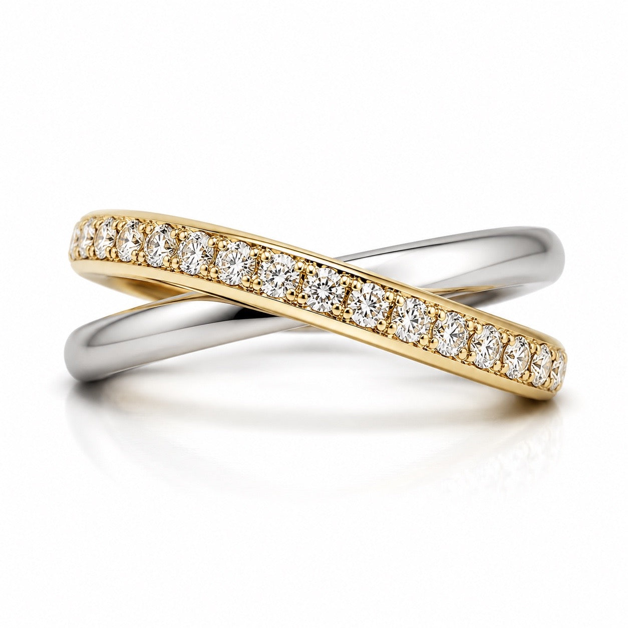14K Yellow Gold pave diamonds with a 14K White gold band
