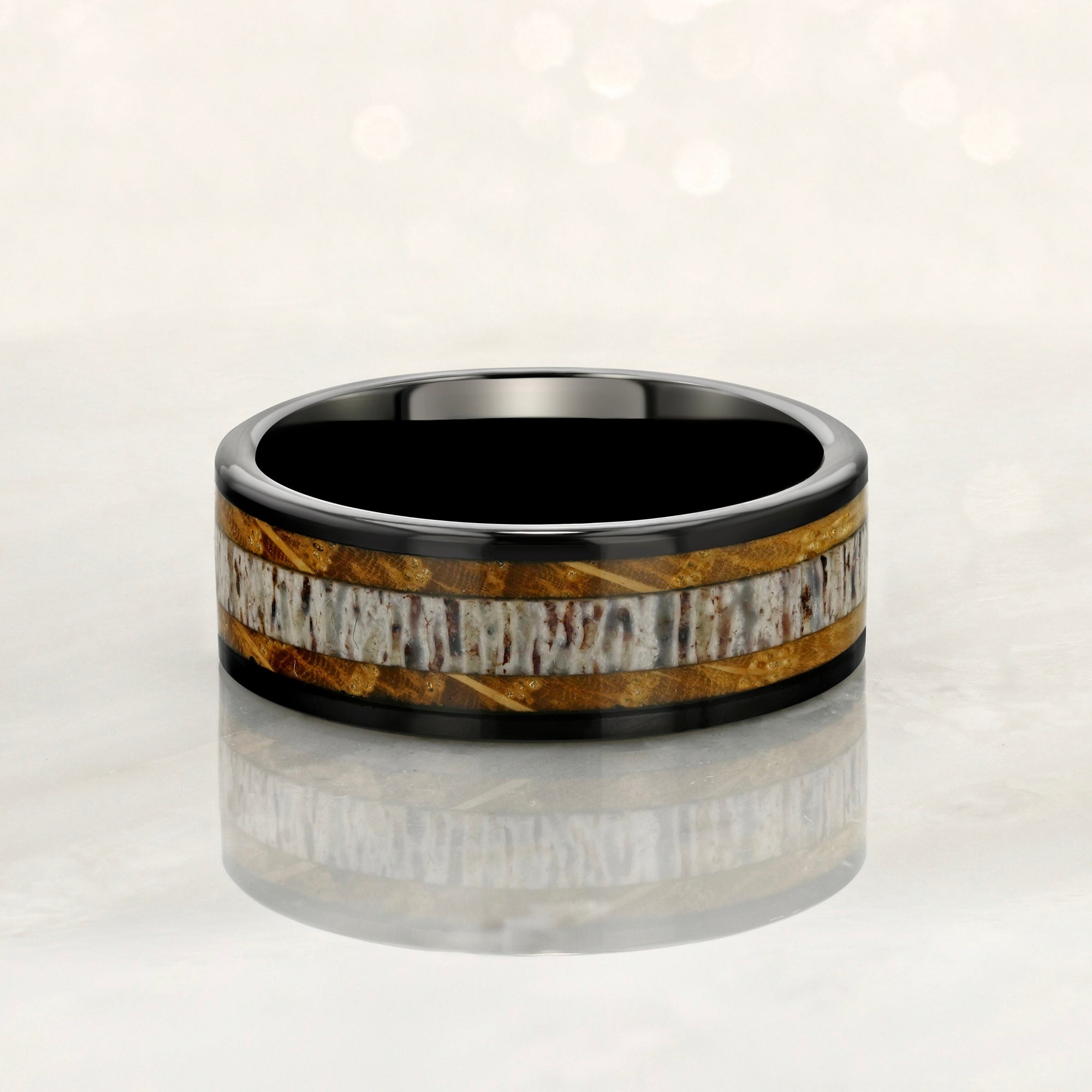 “Primal” Tungsten Carbide Black Ring 8mm w/ Whiskey Barrel and Naturally Shed Deer Antler