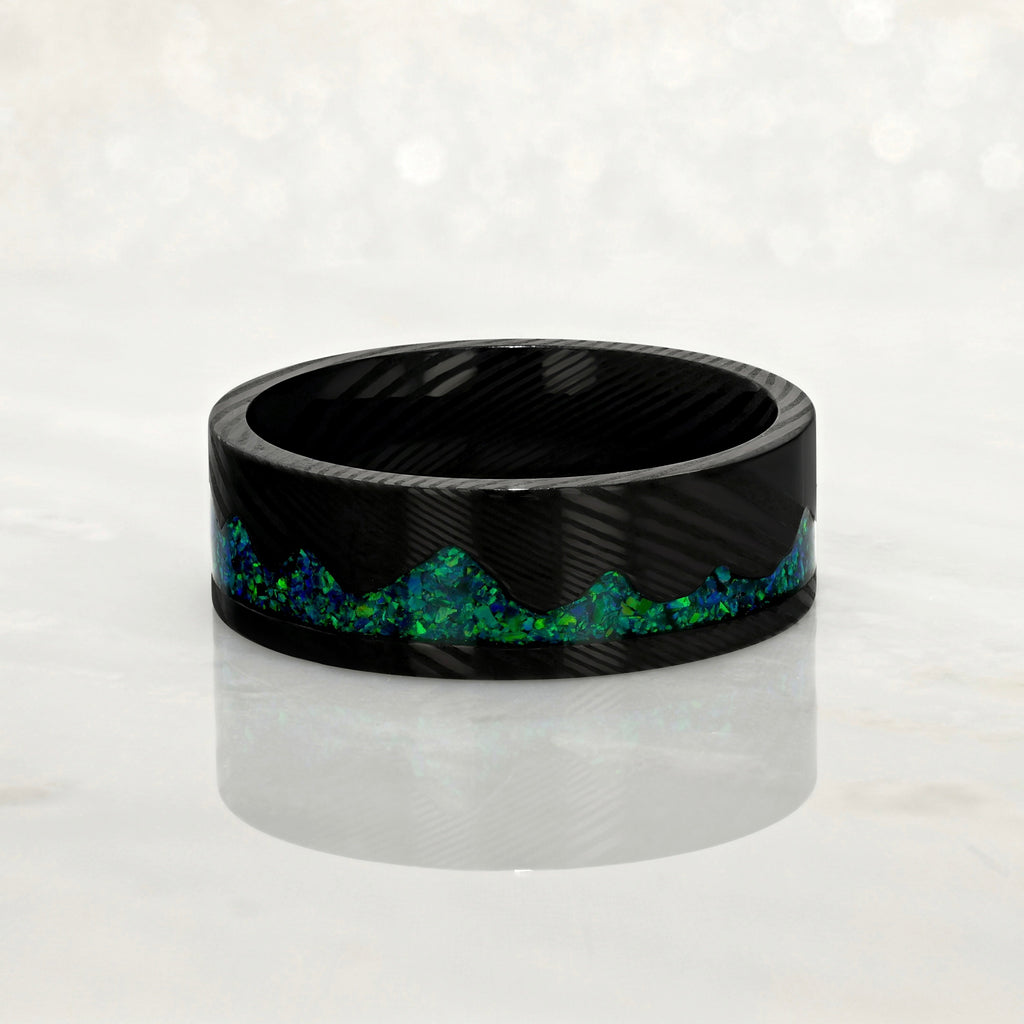 “ARTISAN” Damascus Steel Black Ring 8mm w/Green Opal Mountain Carving