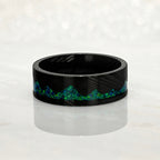 “ARTISAN” Damascus Steel Black Ring 8mm w/Green Opal Mountain Carving