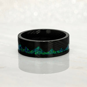 “ARTISAN” Damascus Steel Black Ring 8mm w/Green Opal Mountain Carving