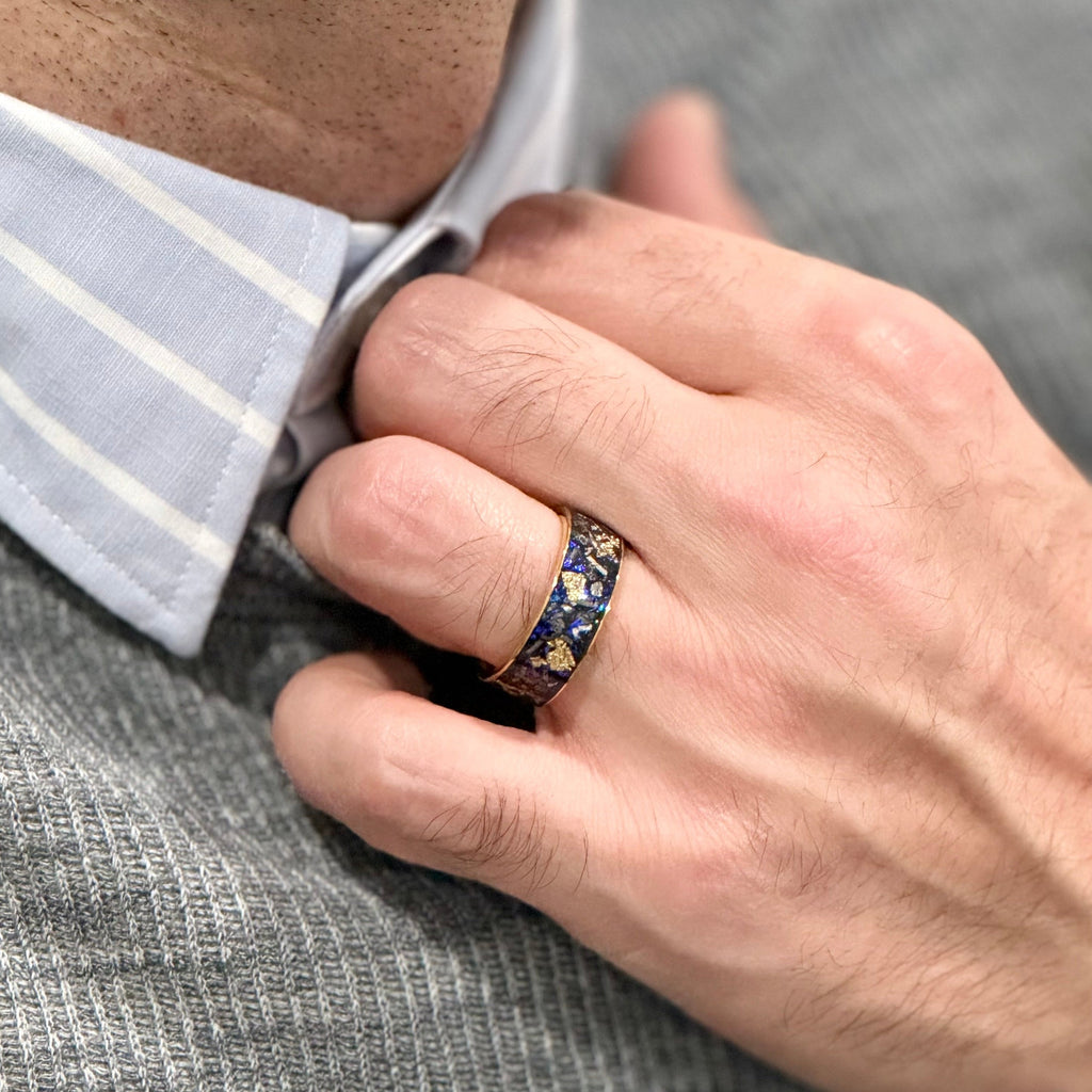 “PICASSO”Tungsten Carbide Gold Ring 8mm w/ Meteorite, Sandstone and Gold Leaf