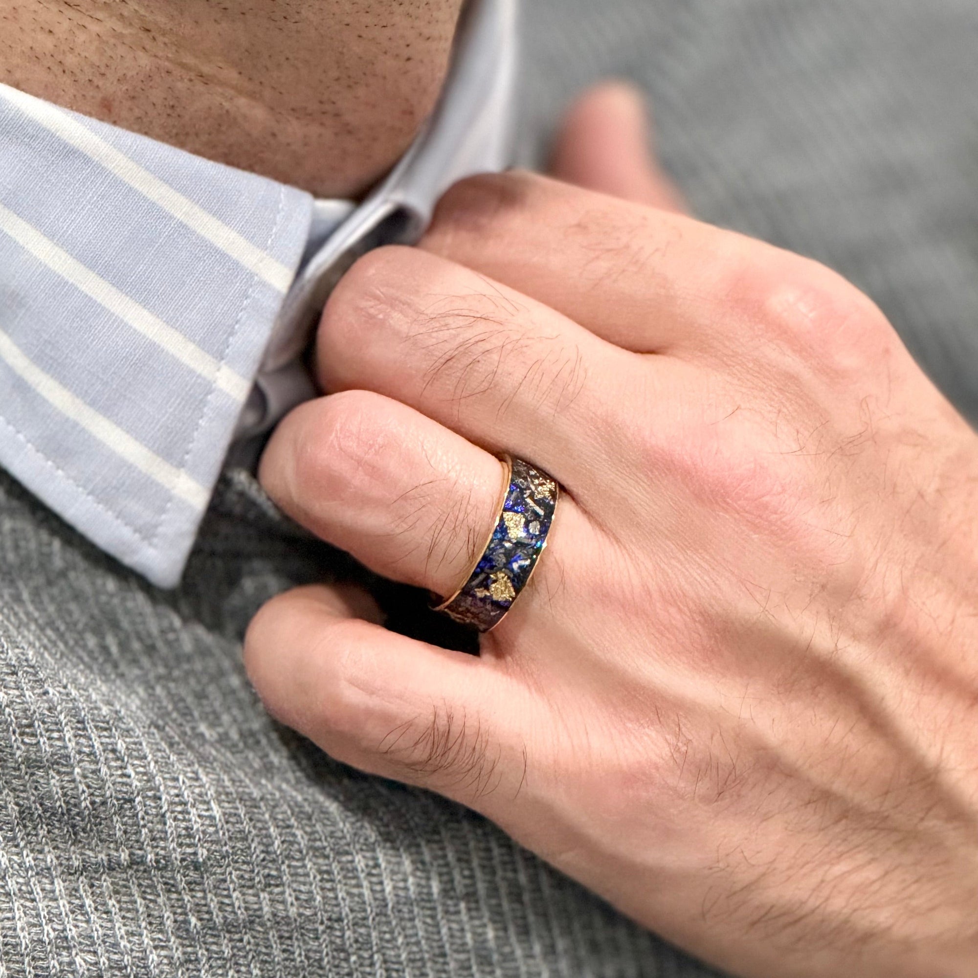 “PICASSO”Tungsten Carbide Gold Ring 8mm w/ Meteorite, Sandstone and Gold Leaf