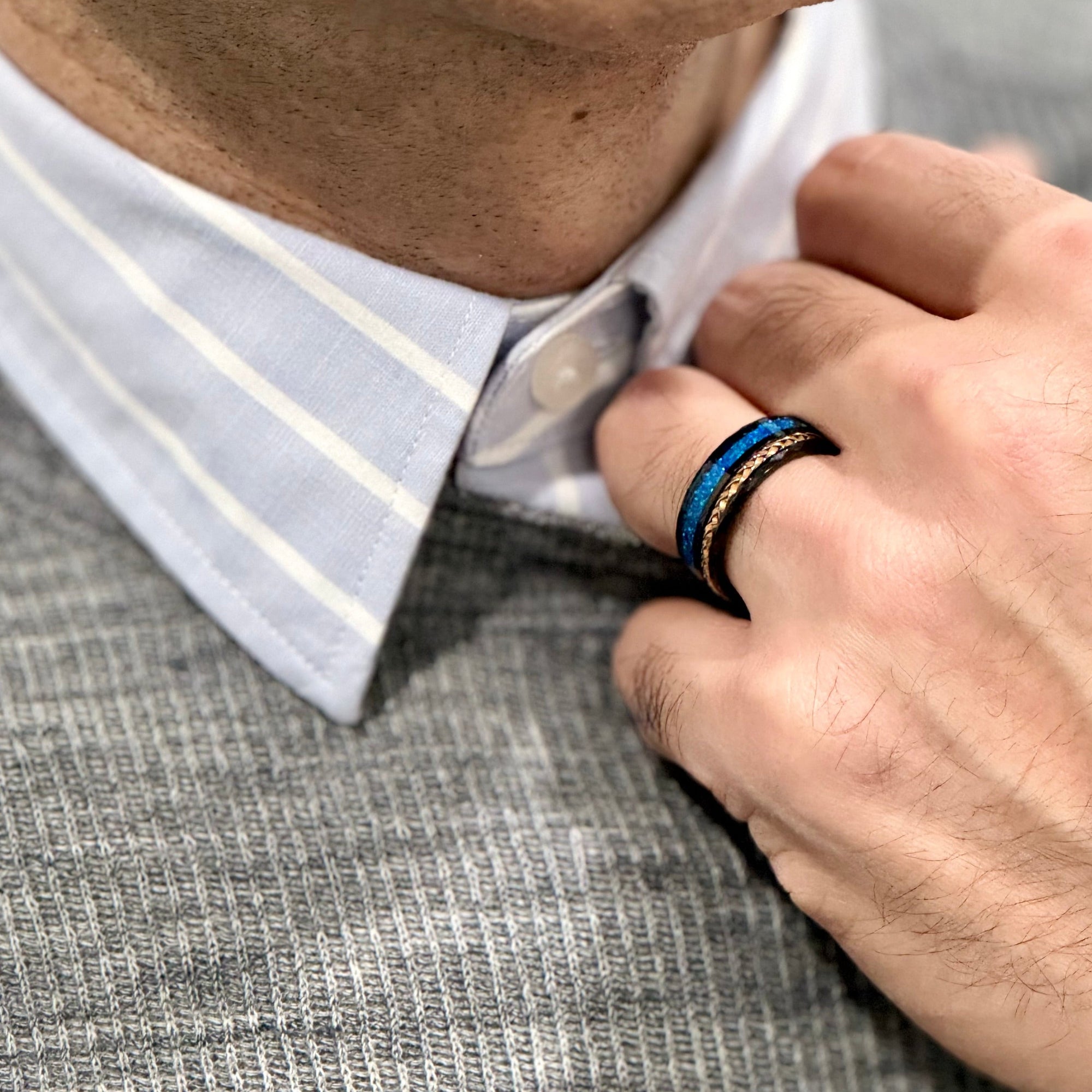 "TETHER" Tungsten Carbide Black Ring 8mm w/ Blue Opal and Rose Gold Weave