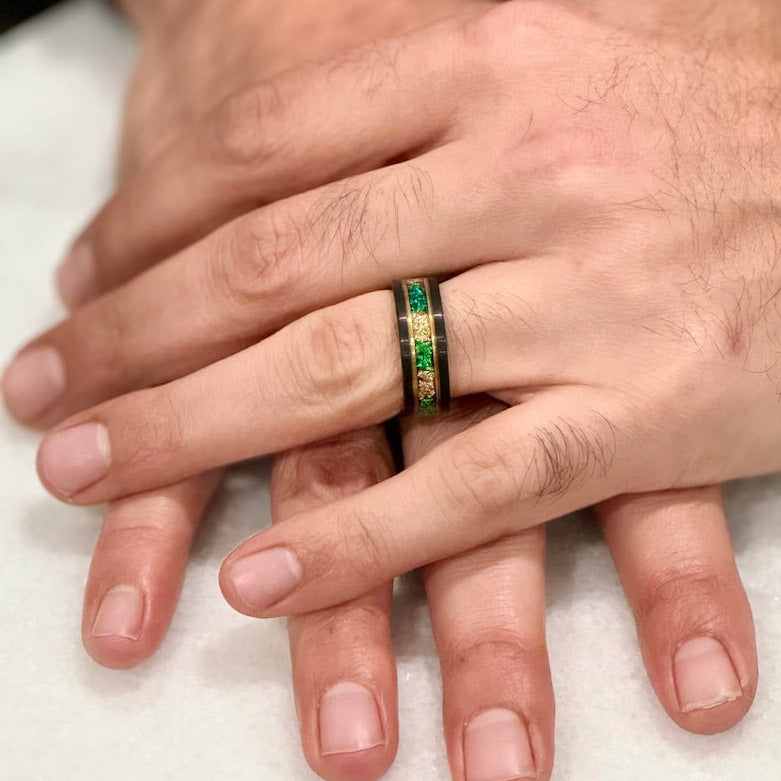 (Couples) “Binary"  Tungsten Carbide Black Ring 8mm, 6mm w/ Green Opal, Gold Accents and Gold Leaf