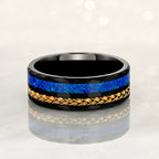"TETHER" Tungsten Carbide Black Ring 8mm w/ Blue Opal and Rose Gold Weave