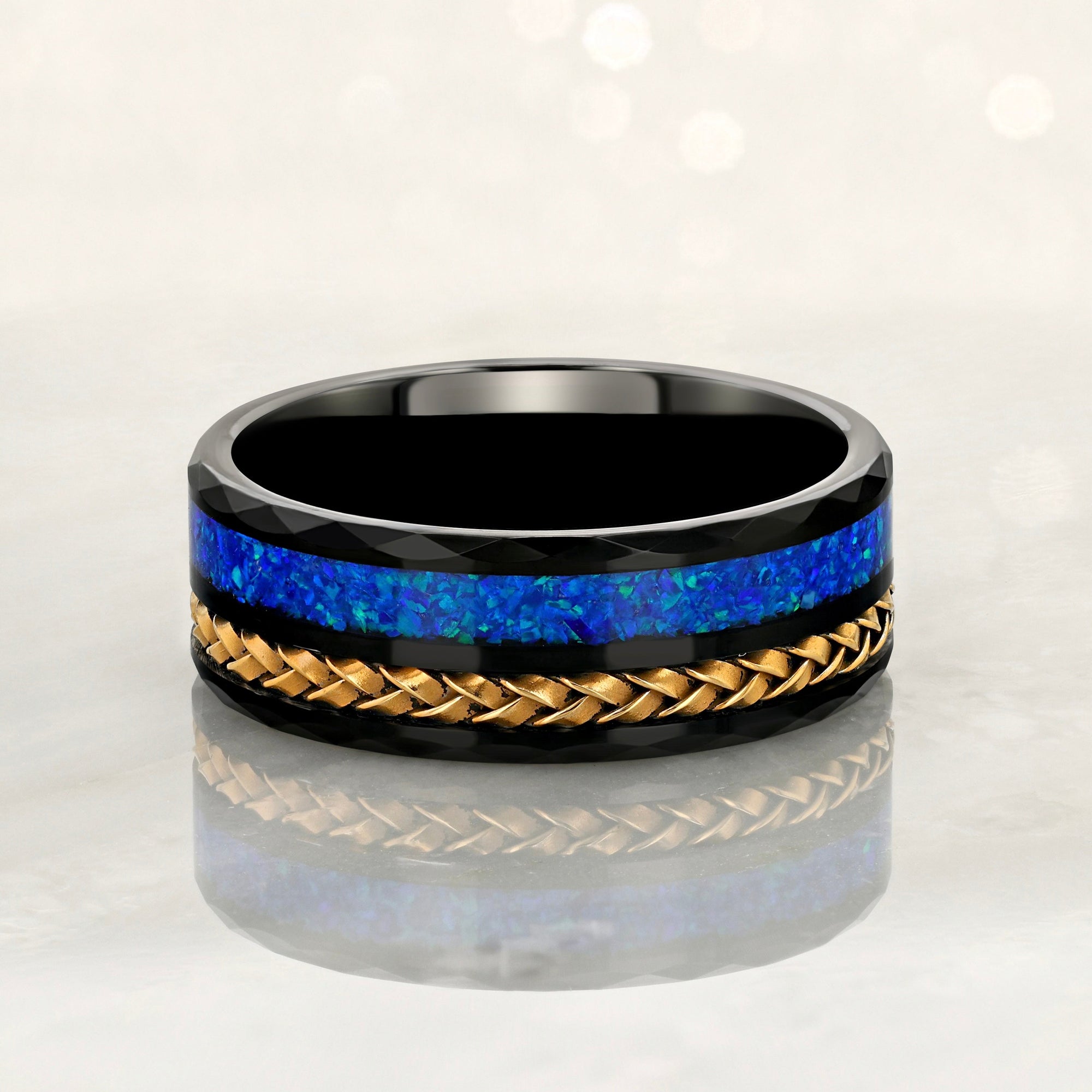 "TETHER" Tungsten Carbide Black Ring 8mm w/ Blue Opal and Rose Gold Weave