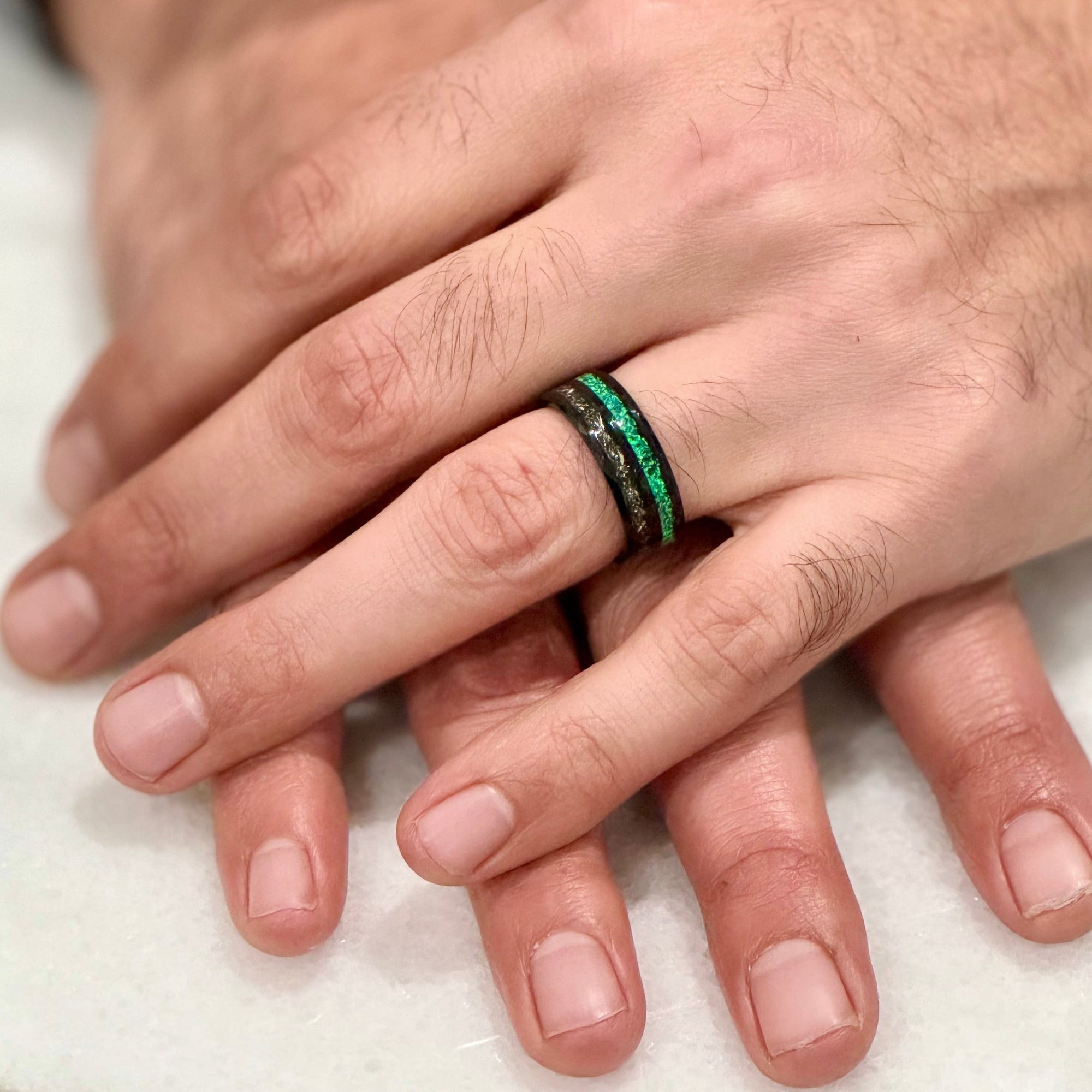“CELESTIAL” Tungsten Carbide Black Ring 8mm w/ Meteorite and Crushed Green Opal