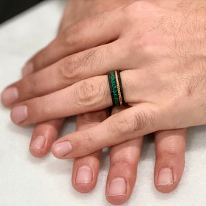 "TETHER"  Tungsten Carbide Black Ring 8mm w/ Malachite and Gold Rope