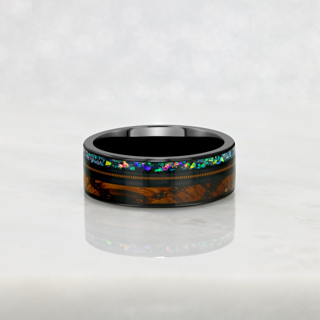 "SYNTHESIS" Tungsten Carbide Black Ring 8mm w/ Whiskey Barrel, Opal and Guitar String