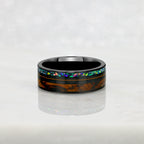 "SYNTHESIS" Tungsten Carbide Black Ring 8mm w/ Whiskey Barrel, Opal and Guitar String