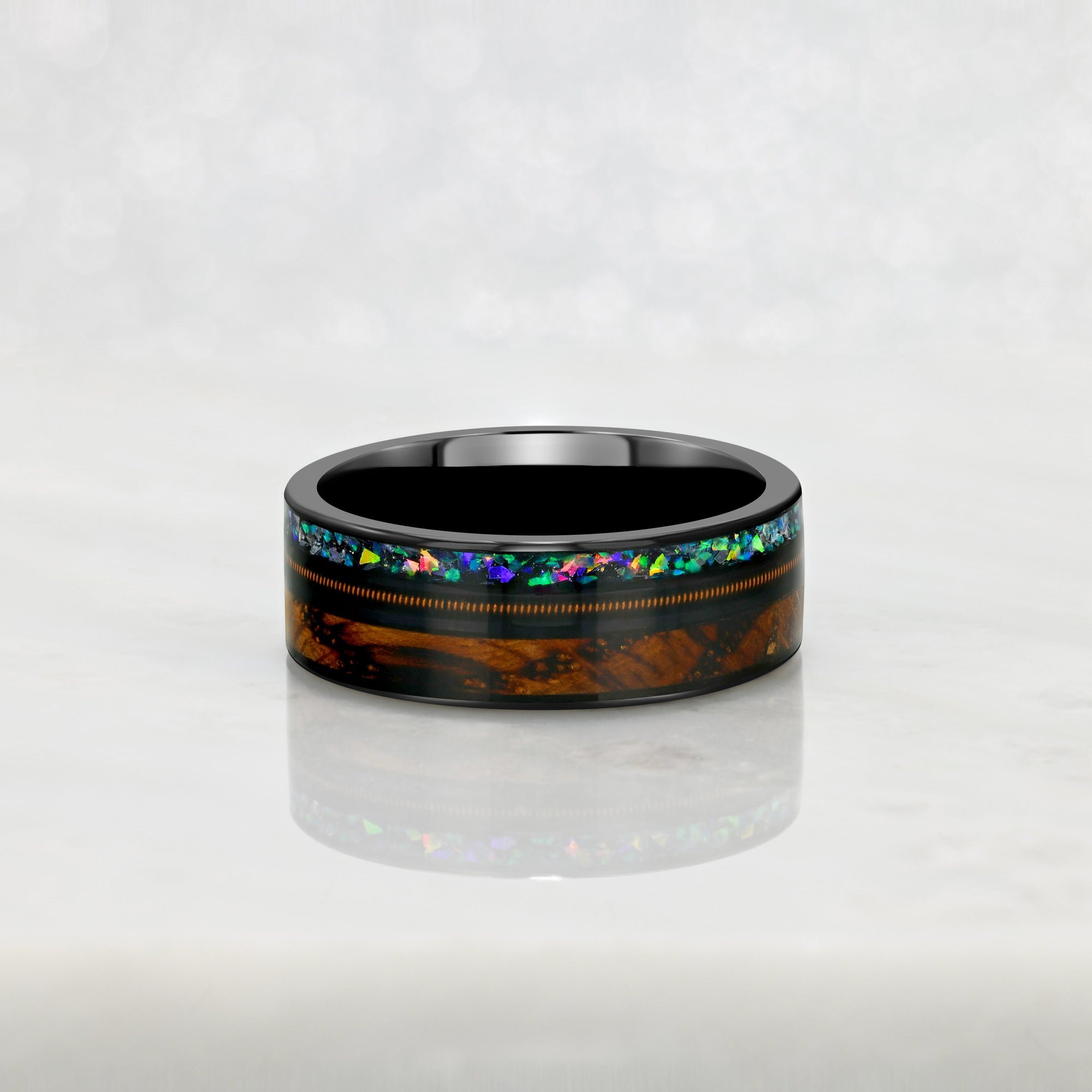 "SYNTHESIS" Tungsten Carbide Black Ring 8mm w/ Whiskey Barrel, Opal and Guitar String