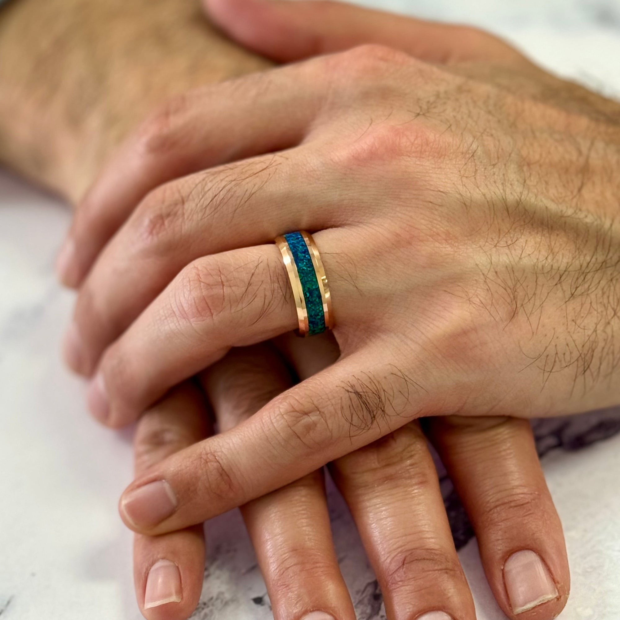 “IRIDESCENCE” Tungsten Carbide Rose Gold Ring 8mm w/ Blue-Green Opal