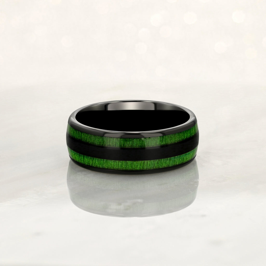 "TIMBER" Tungsten Carbide Black Ring 8mm w/ Green Dyed Koa Wood
