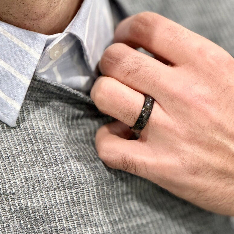 “MOONDUST” Tungsten Carbide Black Ring 6mm w/ Subtle Blue Moonstone and Meteorite Specs