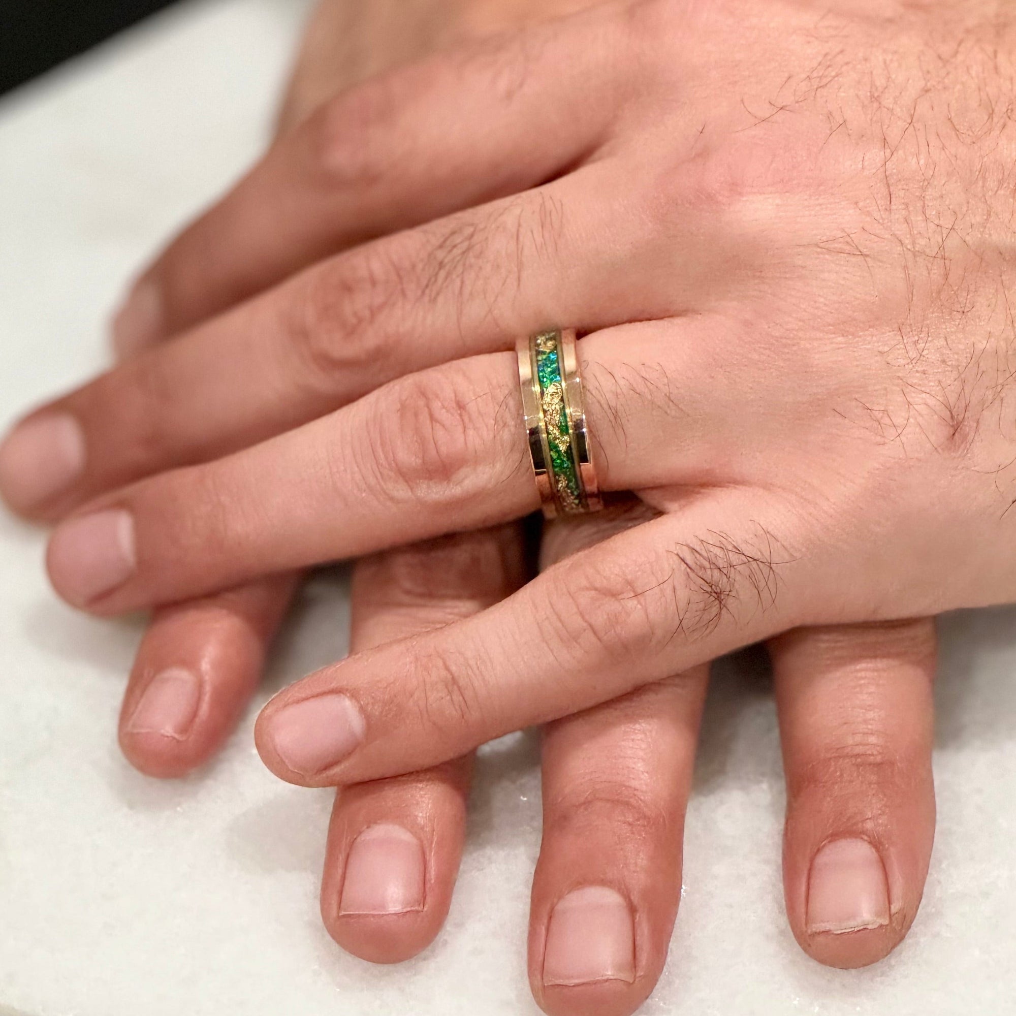 “Binary" Tungsten Carbide Rose Gold Ring 8mm w/ Green Opal and Gold Leaf
