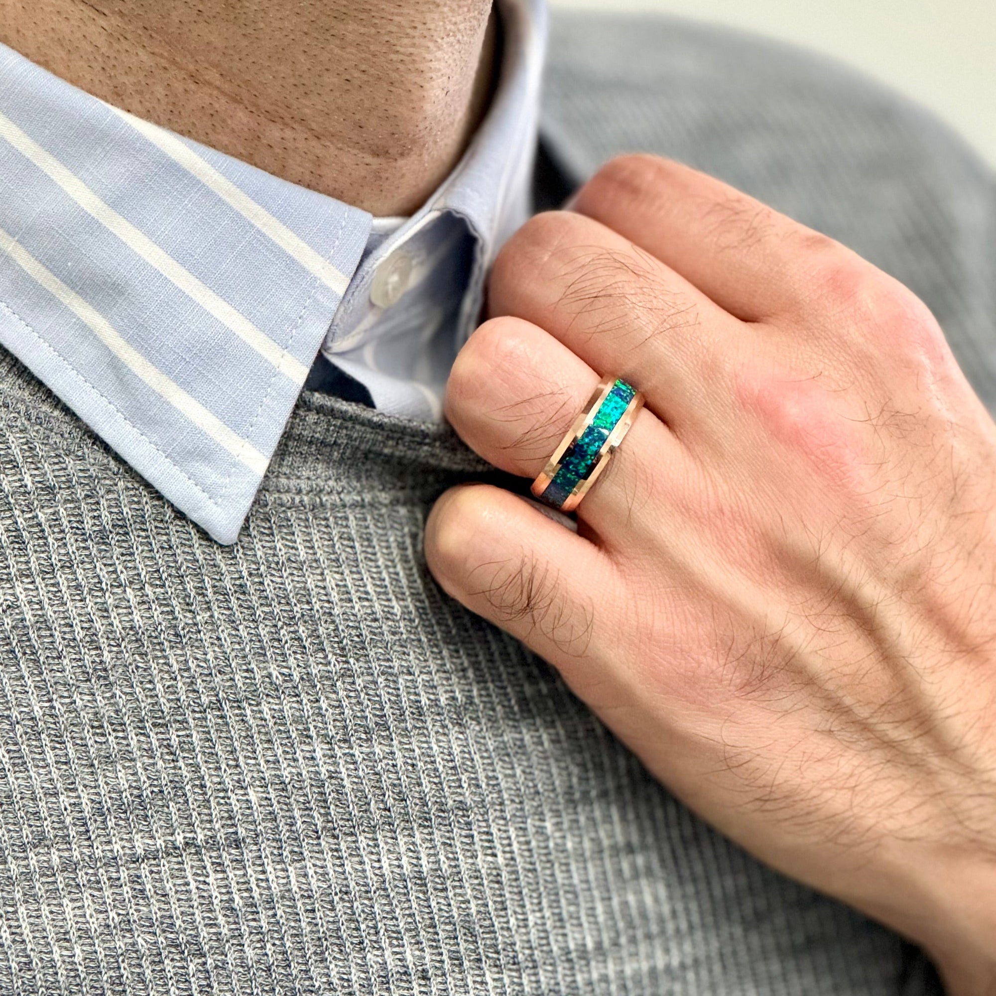 “IRIDESCENCE” Tungsten Carbide Rose Gold Ring 8mm w/ Blue-Green Opal