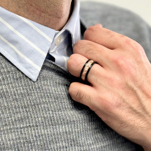 “Binary" Tungsten Carbide Black Ring 8mm w/ White Opal, Rose Gold Accents and Rose Gold Leaf