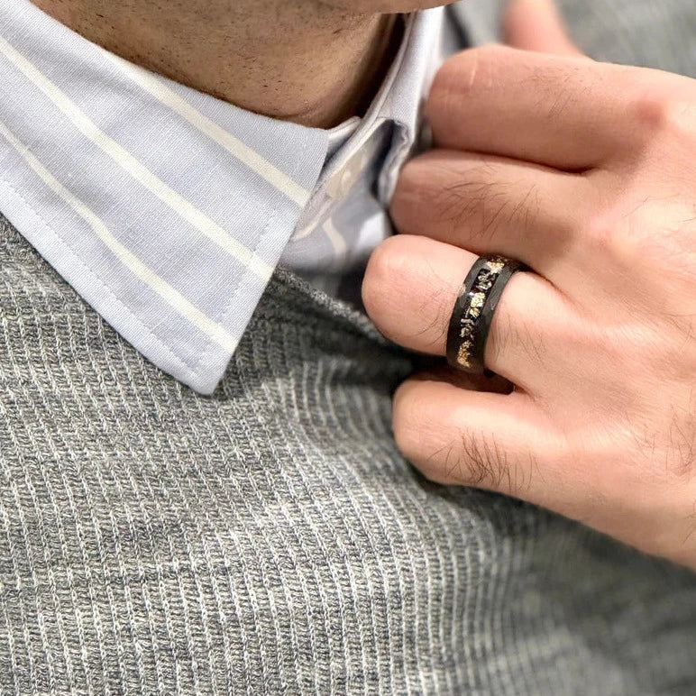 “RADIANT” Tungsten Carbide Black Ring 8mm w/ Meteorite and Gold Leaf