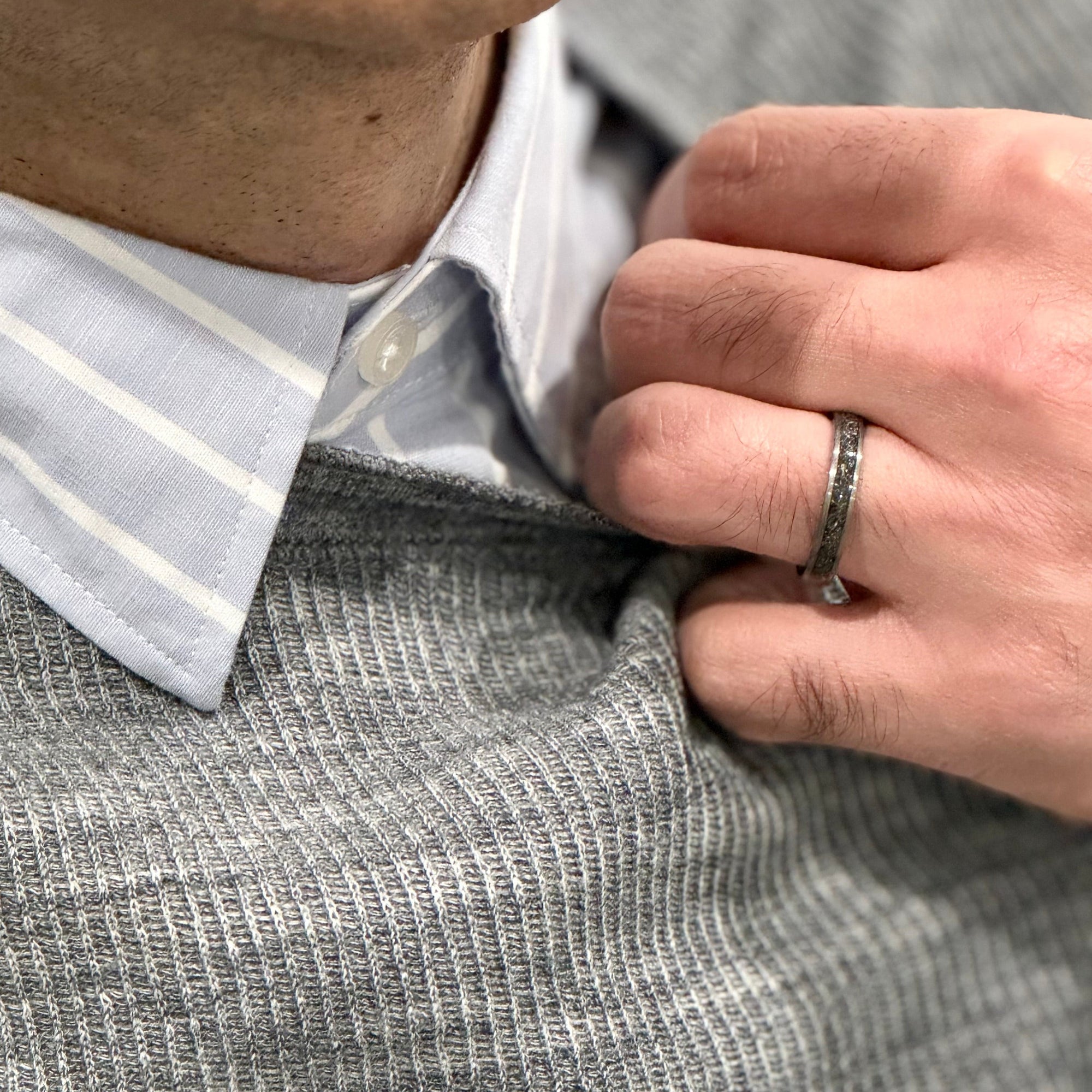 Starlight" Tungsten Carbide Silver Ring with Crushed Meteorite