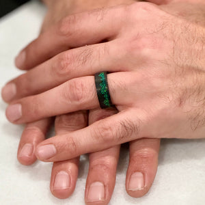 “ARTISAN” Damascus Steel Black Ring 8mm w/Green Opal Mountain Carving