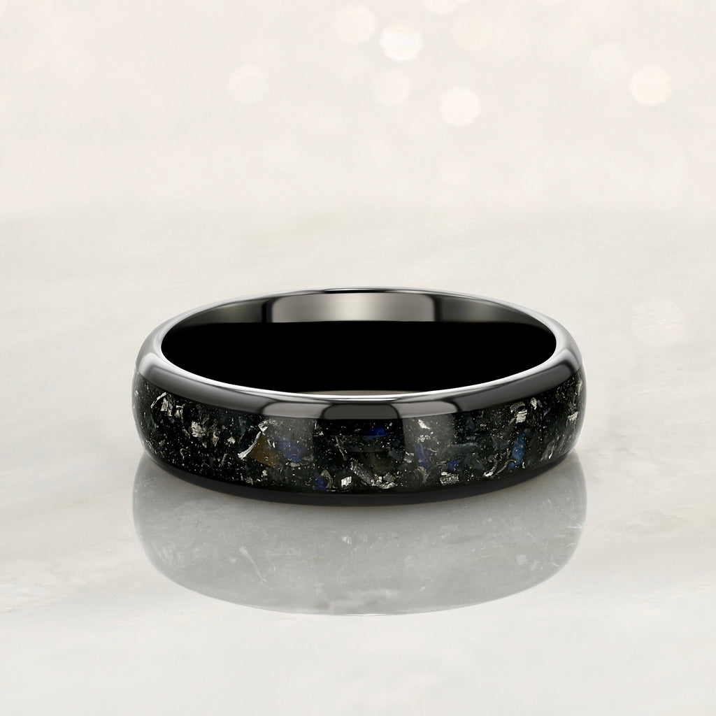 “MOONDUST” Tungsten Carbide Black Ring 6mm w/ Subtle Blue Moonstone and Meteorite Specs