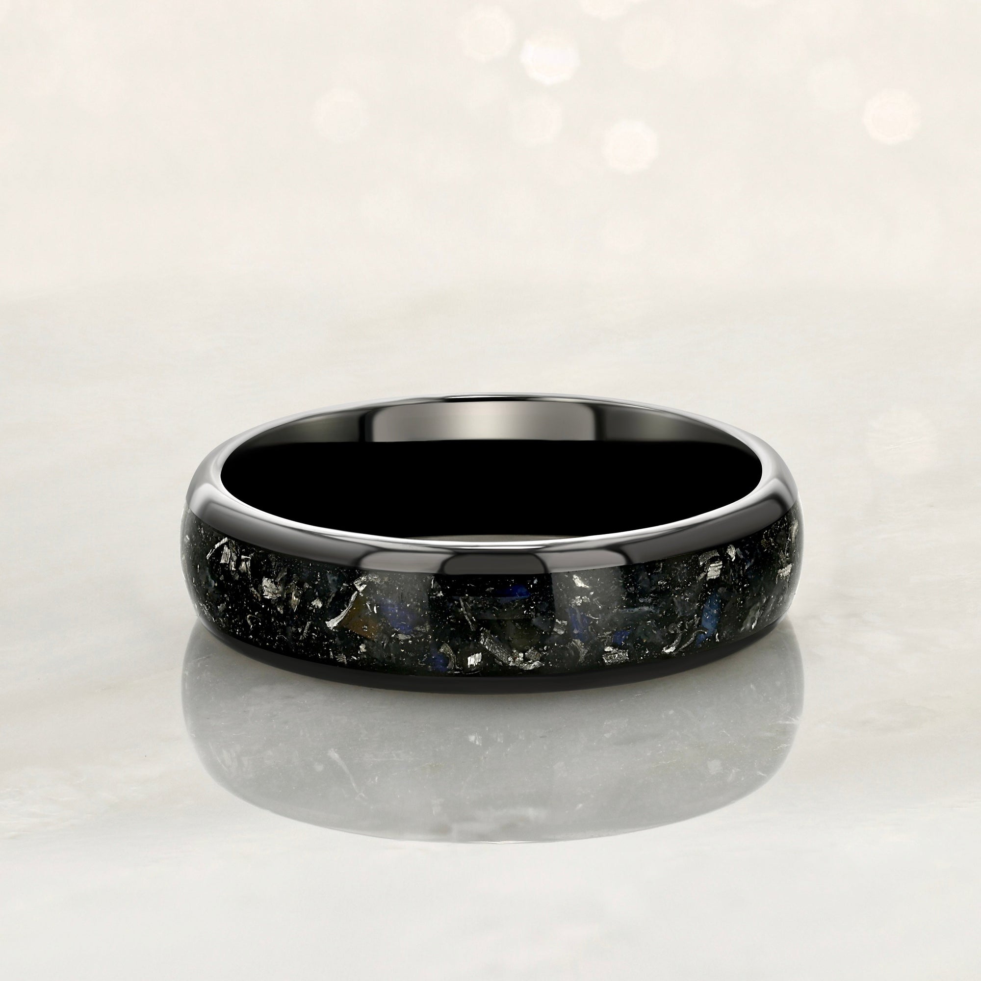“MOONDUST” Tungsten Carbide Black Ring 6mm w/ Subtle Blue Moonstone and Meteorite Specs