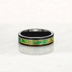 “Binary" Tungsten Carbide Black Ring 6mm, 8mm w/ Green Opal, Gold Accents and Gold Leaf