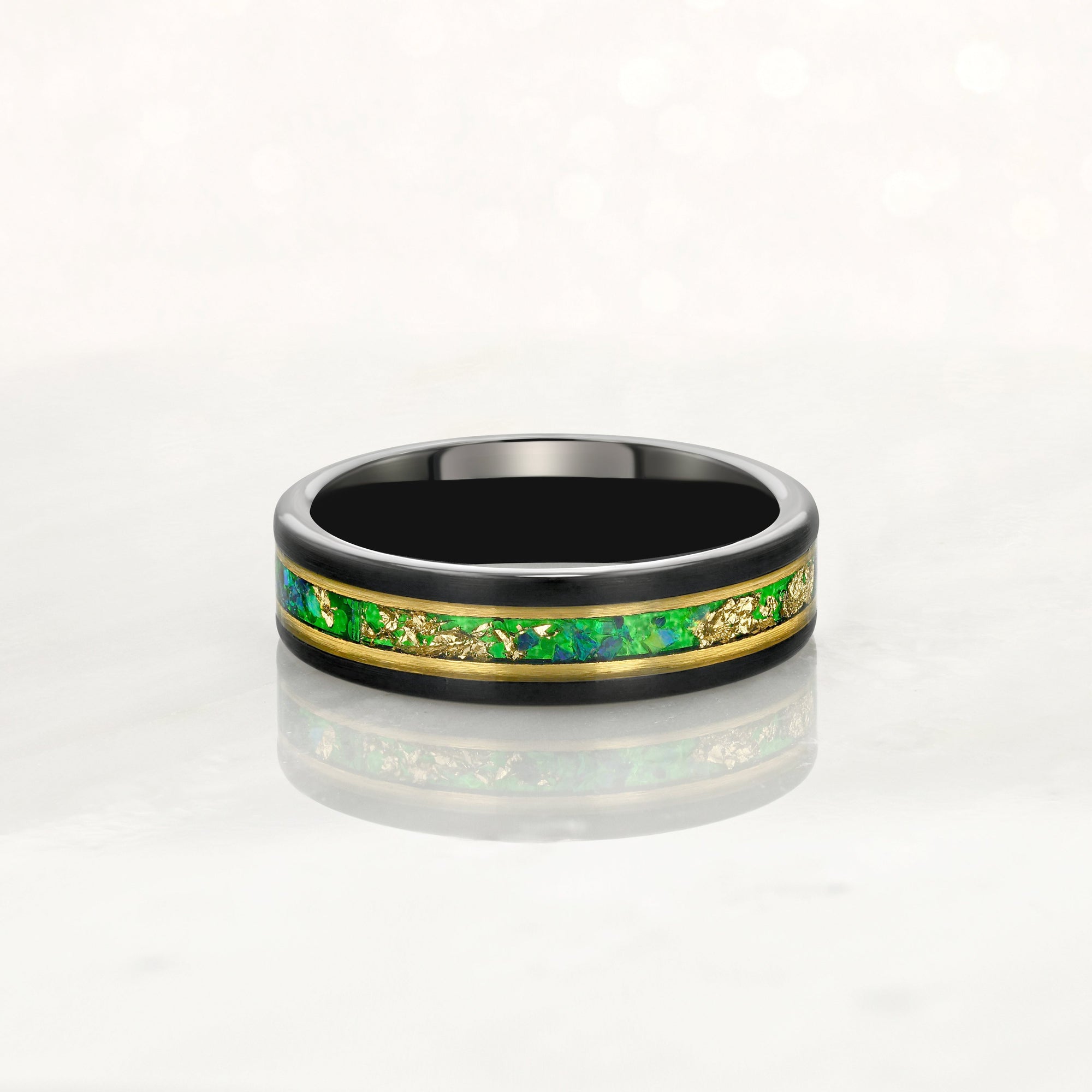 “Binary" Tungsten Carbide Black Ring 6mm, 8mm w/ Green Opal, Gold Accents and Gold Leaf