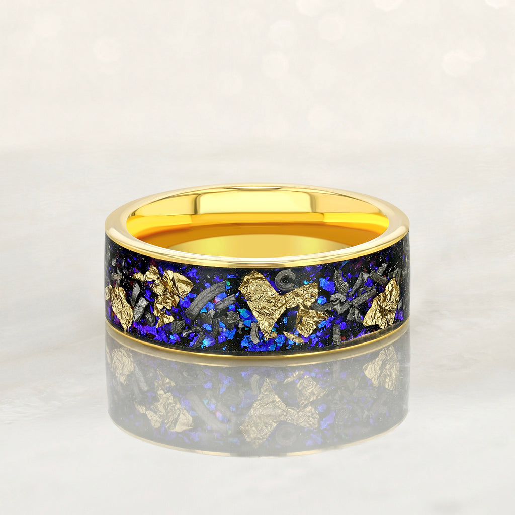 “PICASSO”Tungsten Carbide Gold Ring 8mm w/ Meteorite, Sandstone and Gold Leaf