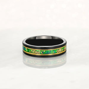“Binary" Tungsten Carbide Black Ring 6mm, 8mm w/ Green Opal, Gold Accents and Gold Leaf