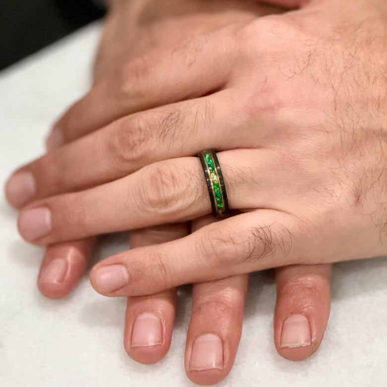 (Couples) “Binary"  Tungsten Carbide Black Ring 8mm, 6mm w/ Green Opal, Gold Accents and Gold Leaf