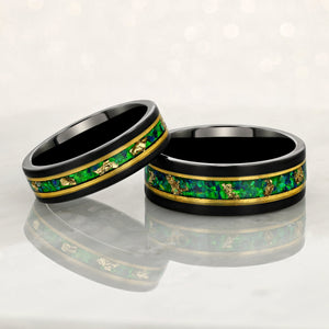 “Binary" Tungsten Carbide Black Ring 6mm, 8mm w/ Green Opal, Gold Accents and Gold Leaf