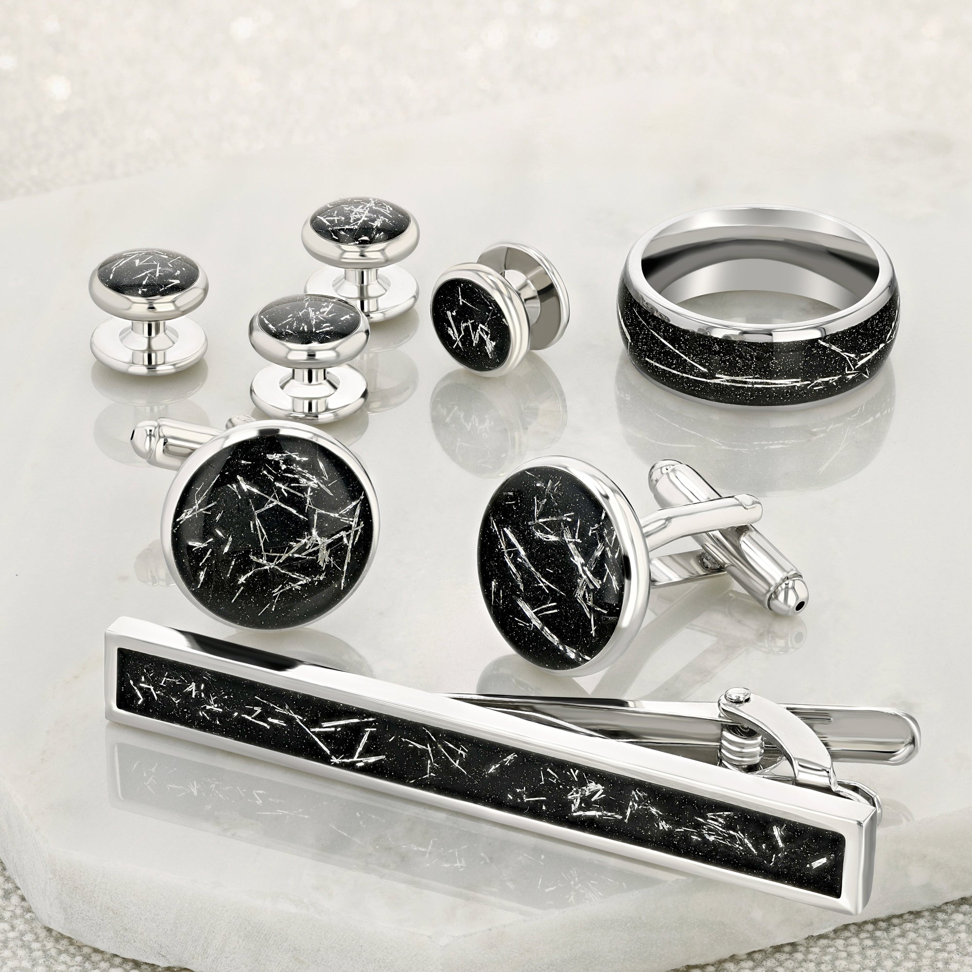 "STARDUST" Grooms Collection - Tungsten Carbide Silver Ring 8mm, 6mm w/ Meteorite Dust and Silver Specs