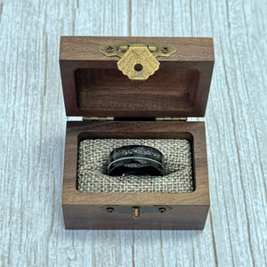 "TETHER" Tungsten Carbide Black Ring 8mm w/ Crushed Meteorite and Silver Rope