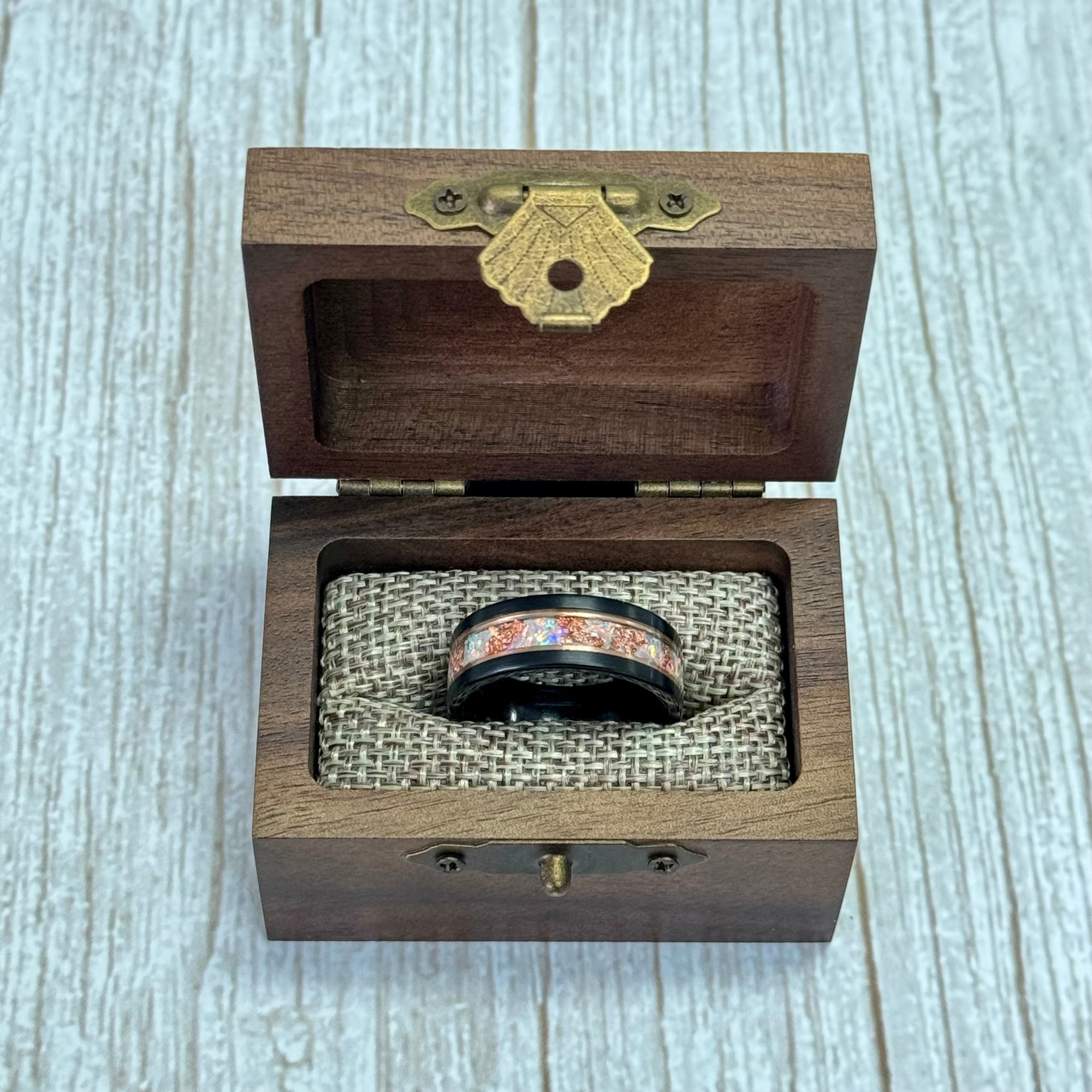 “Binary" Tungsten Carbide Black Ring 8mm w/ White Opal, Rose Gold Accents and Rose Gold Leaf
