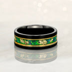 “Binary" Tungsten Carbide Black Ring 6mm, 8mm w/ Green Opal, Gold Accents and Gold Leaf