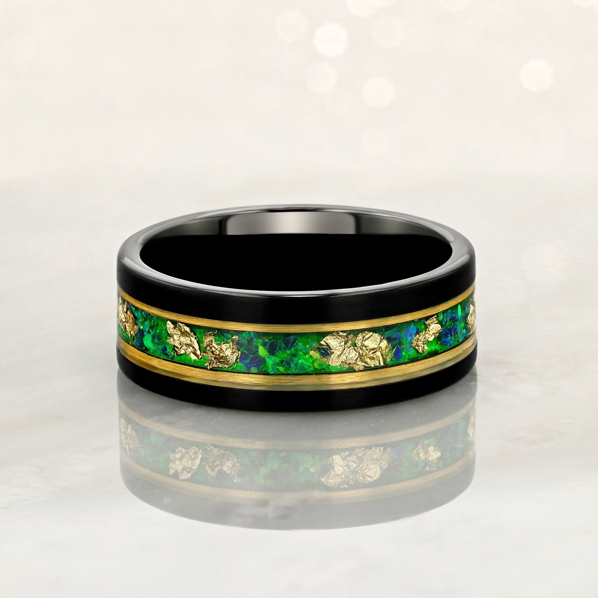 “Binary" Tungsten Carbide Black Ring 6mm, 8mm w/ Green Opal, Gold Accents and Gold Leaf