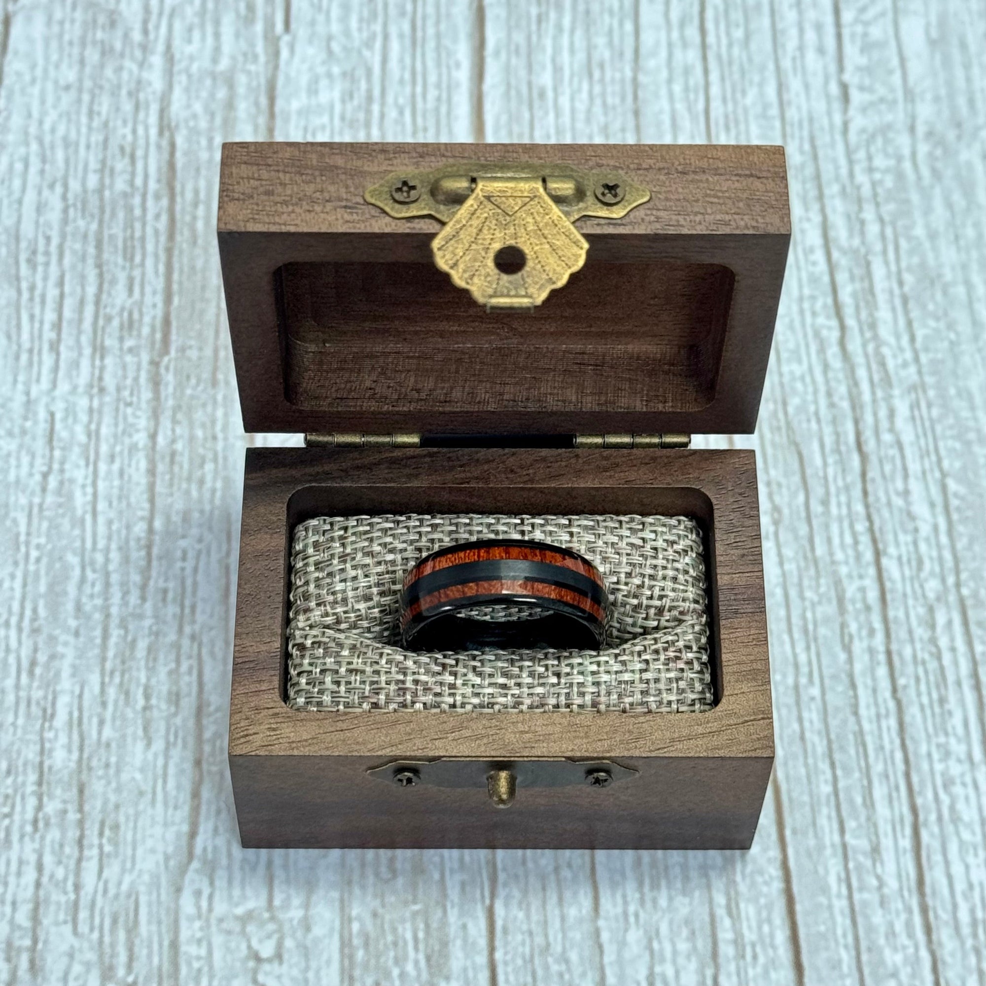 "TIMBER" Tungsten Carbide Black Ring 8mm w/ Red Dyed Koa Wood