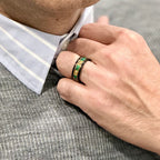 (Couples) “Binary"  Tungsten Carbide Black Ring 8mm, 6mm w/ Green Opal, Gold Accents and Gold Leaf