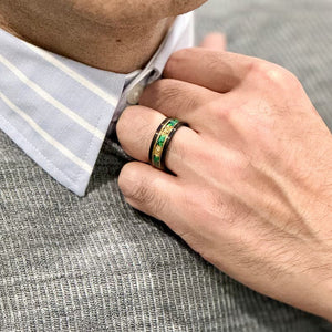 (Couples) “Binary"  Tungsten Carbide Black Ring 8mm, 6mm w/ Green Opal, Gold Accents and Gold Leaf