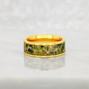 “Loki” Agate Sea Moss Jewelry, Gold Flakes, 18K Gold Plated, Tungsten Carbide, 8mm Band