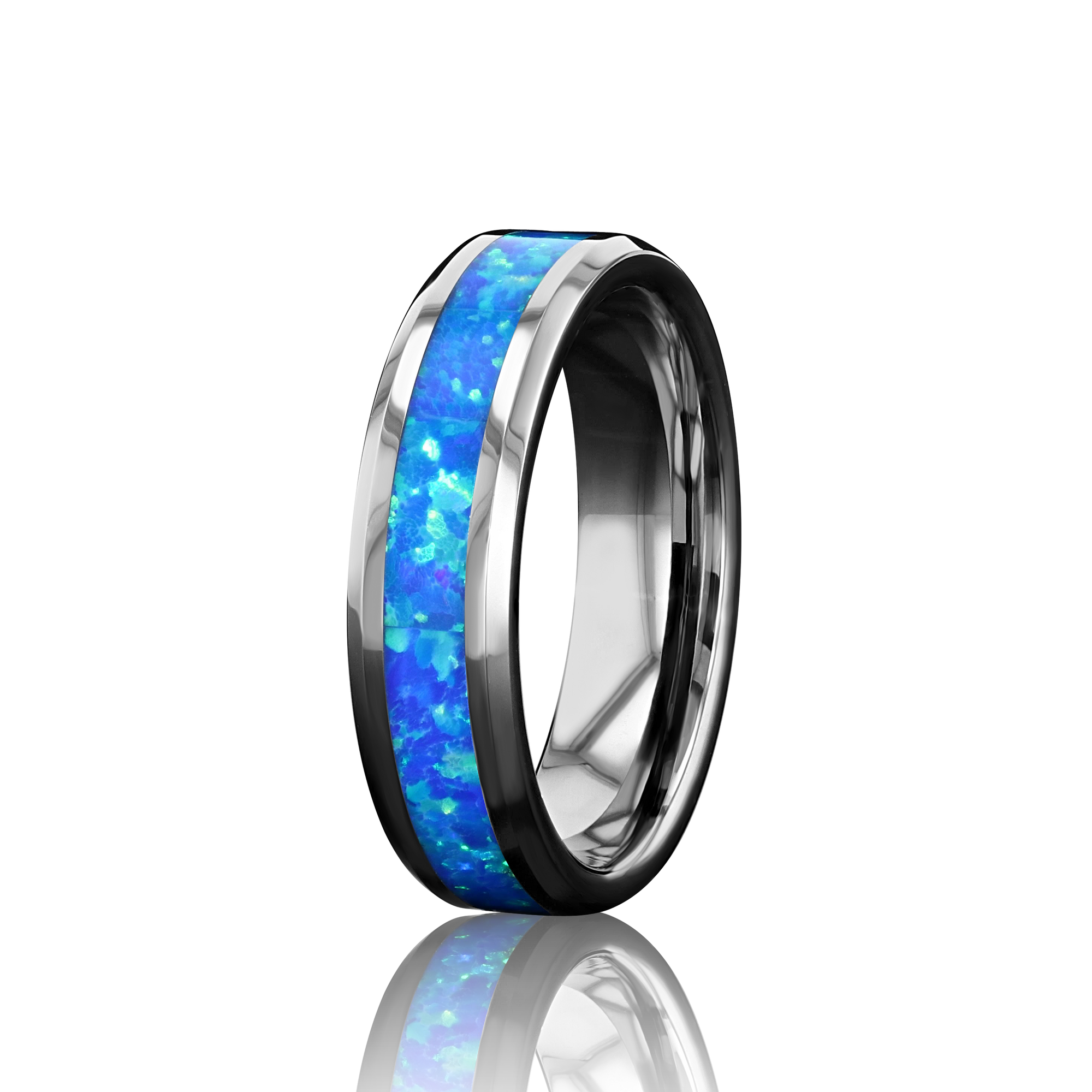 “IRIDESCENCE” Tungsten Carbide Silver Ring 6mm w/ Blue Opal